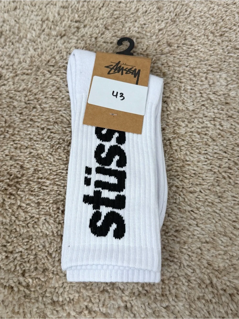 Stussy White Crew Socks with Black Logo